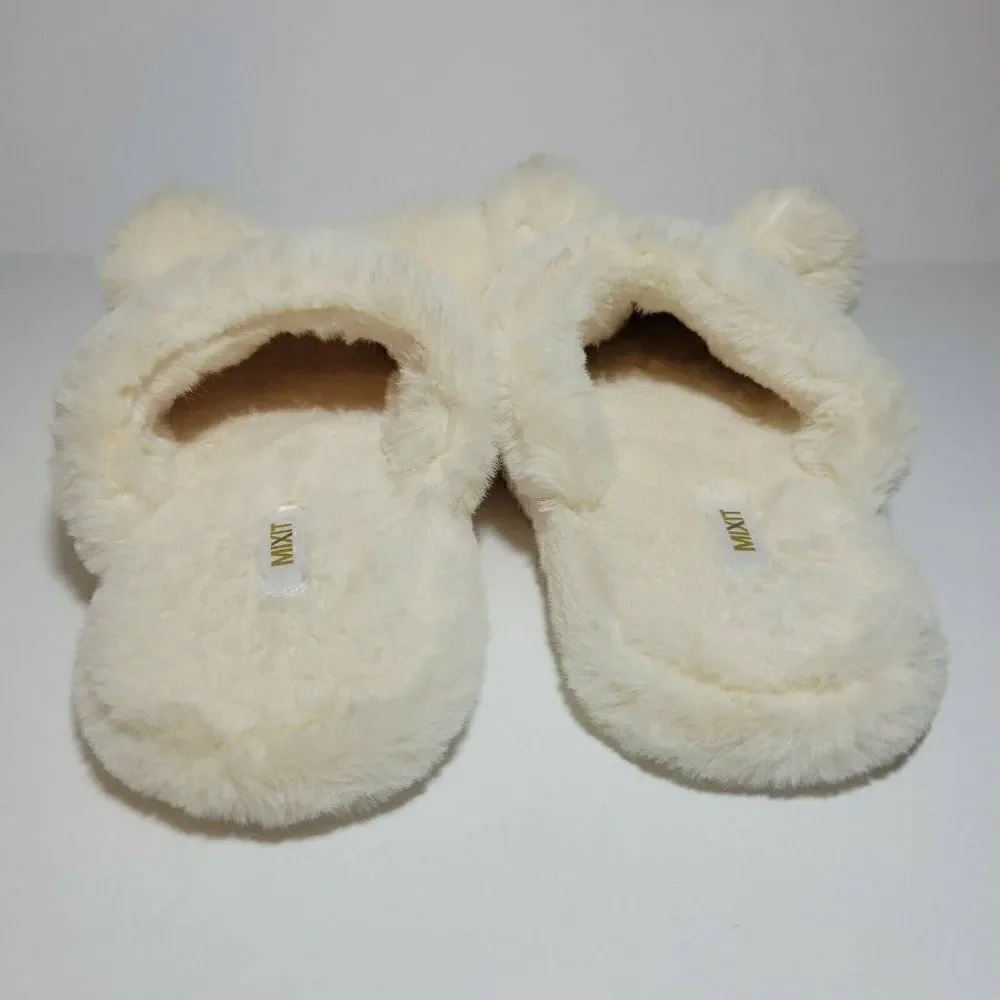 MIXIT Bear‎ Slippers Girls Size 5-6 Ivory Cream Plush Very Soft Slip On GUC